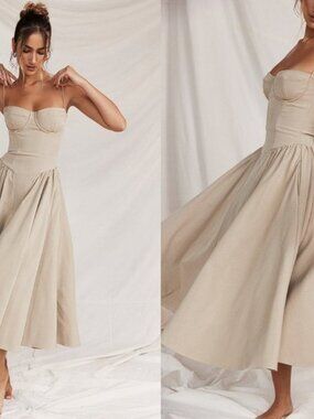 HOUSE OF CB 'Samaria' Taupe Corset Midi Sun Dress NWOT